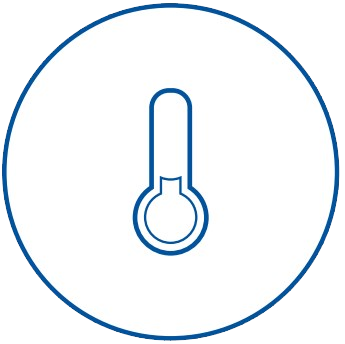 Blue line-illustration of a thermometer enclosed in a circle