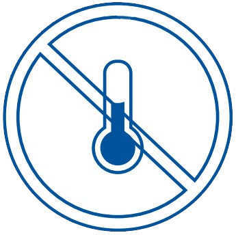 Blue line-illustration of a thermometer enclosed in a circle, crossed by a diagonal line