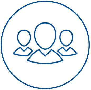 Blue line-illustration of silhouettes of three people within a circle