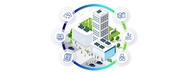 A digital illustration of a building, surrounded by icons depicting sustainability and efficiency