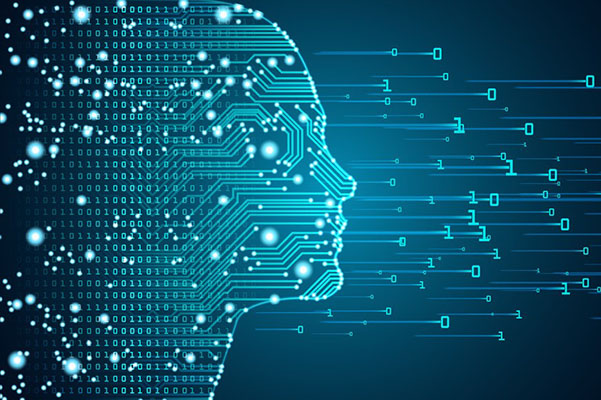 Binary digits and graphics creating the outline of a face